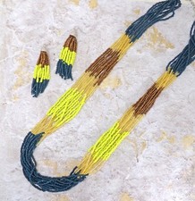Multi color seed bead necklace and earring set in brown, yellow, blue, beige NEW