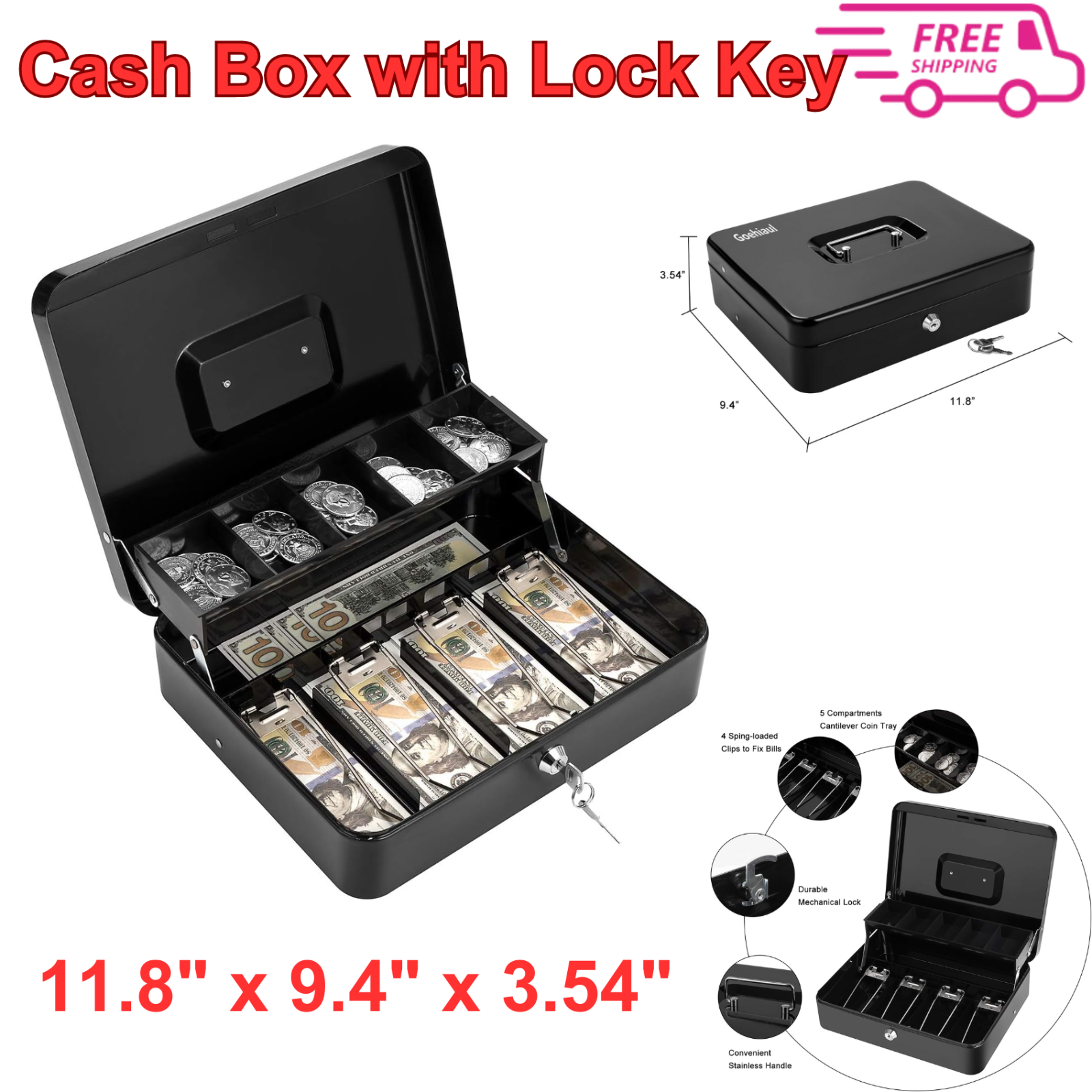 Cash Box With Lock Key & Money Tray Large Money Box for Cash Register Metal Box