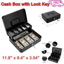 Cash Box With Lock Key & Money Tray Large Money Box for Cash Register Metal Box