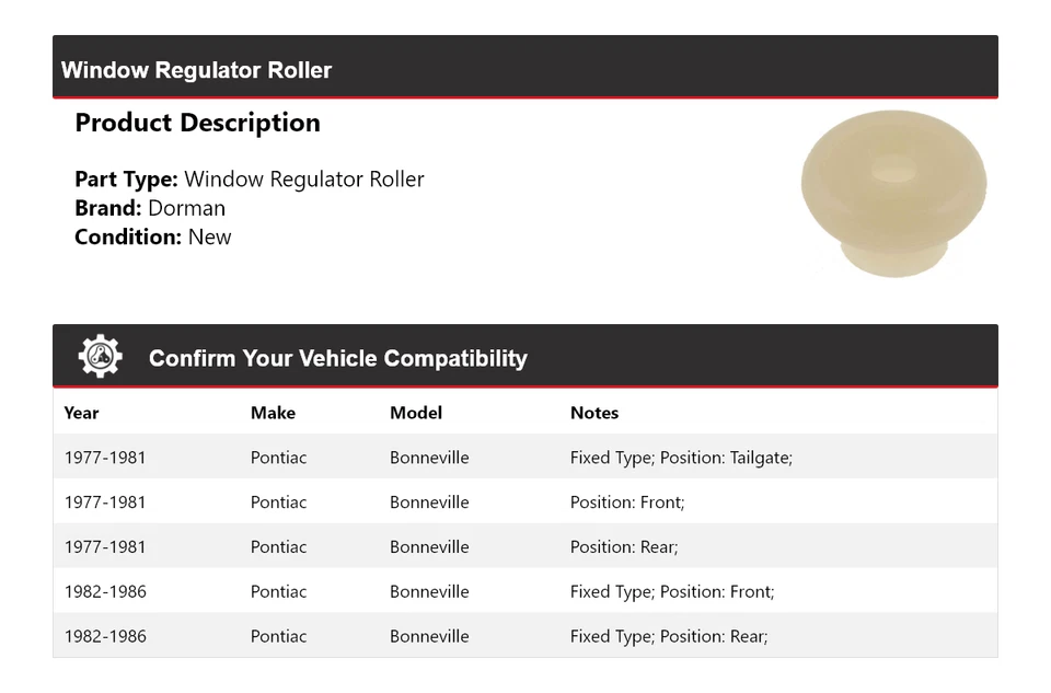 For 1977-1986 Pontiac Bonneville Dorman Window Regulator Roller 1978 1979 1980 - Image 2 of 4