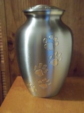 Beautiful Pewter W/Gold Walking Paw Prints Brass Pet Urn 7" up to 85 Lbs