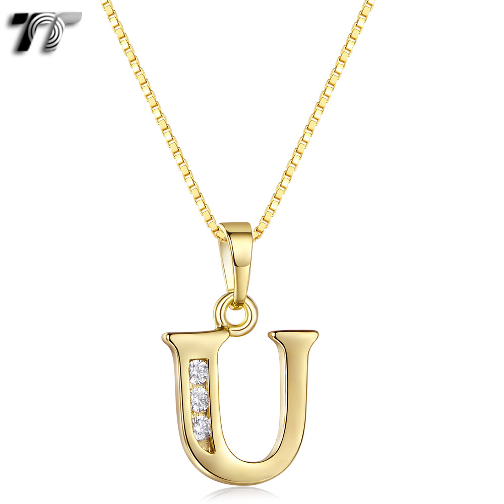 TT 18K Gold GP Inital Letter Pendant Necklace With Box Chain