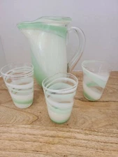 Art Glass Pitcher & Tumbler Set Hand Blown Mint Green and White Swirl