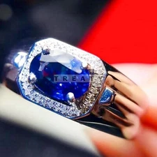 Blue Sapphire Oval Cut Gemstone With 925 Sterling Silver Ring For Men's #234