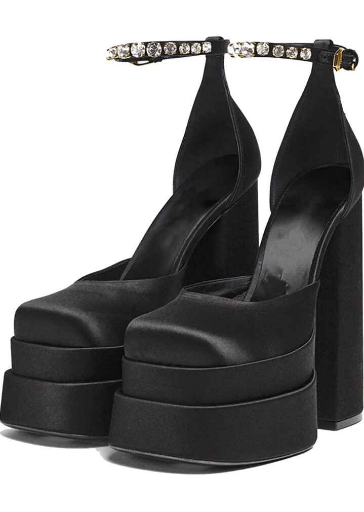 Womens Double Platform Pumps Silk Satin Rhinestone Ankle Strap