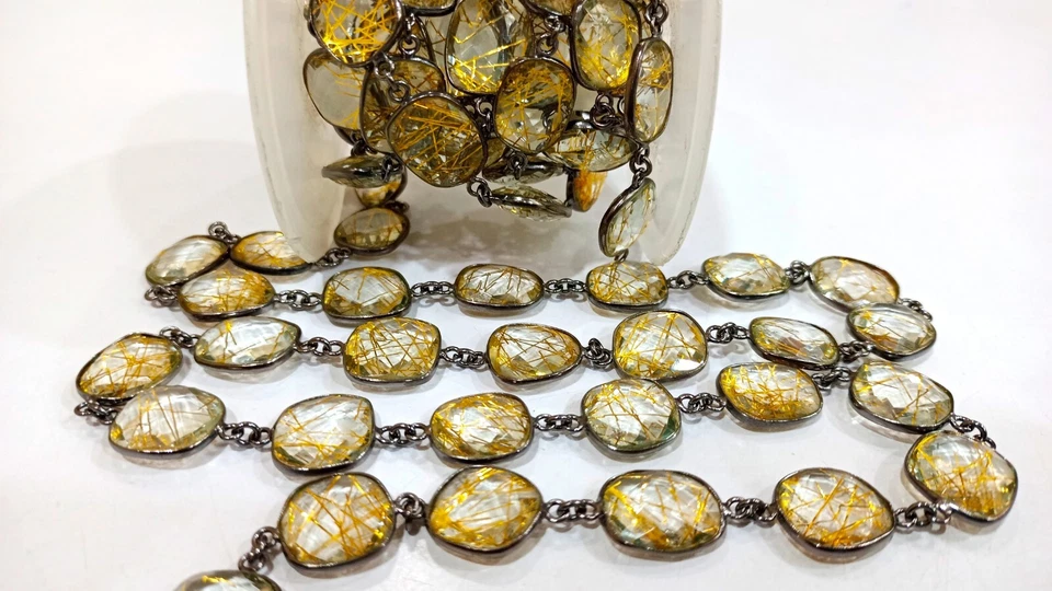 Yellow Rutilated Quartz Briolette Free Shape 12 to 15mm Bezel Connector Chain - Image 2 of 4