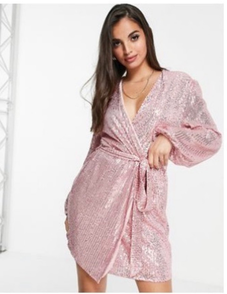 knee length dresses for ladies Carmina | Silver Sequin Plunge-Neck Wrap Mini Dress with Sash Detail main image 0