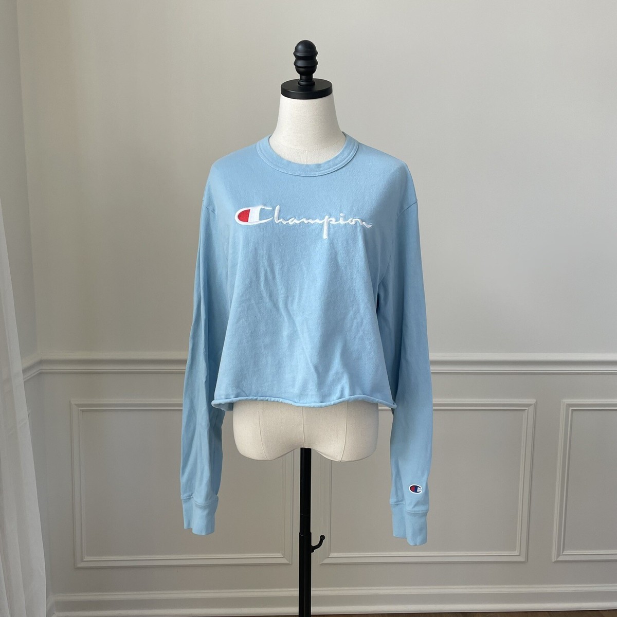 Champion Light Blue Long Sleeve Crop Top Tshirt XL