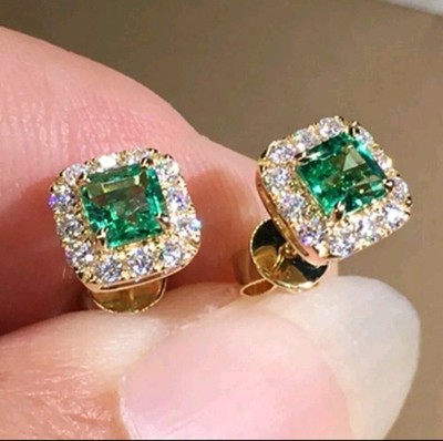14K Gelbgold plattiert natürlicher grüner Smaragd 2Ct Asscher-Schliff Heiligenschein Ohrstecker