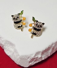 Rhinestone Panda Stud Earrings Sparkly Panda on Persimmon Tree Gold Tone Jewelry