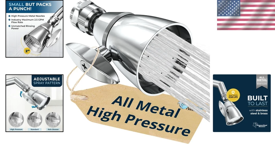 Cabezal de ducha de alta presión cromado 2,5 GPM fijo metal spray ajustable Foto 2 de 4