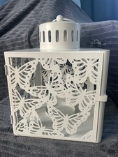 Large Creme Metal Butterfly Lantern A Cutout Design, Hinged Door New No Box