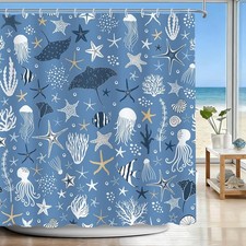 Nautical Coastal Shower Curtain Blue Ocean Theme 72x72 Inches, Waterproof Bath