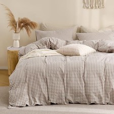 Duvet Cover Bedding Set 100 Washed Cotton Like Linen Queen 90x90 Tan Gingham