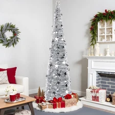 6FT Silver Pop up Christmas Tree, Collapsible Christmas Tree Skinny Shiny Sequin