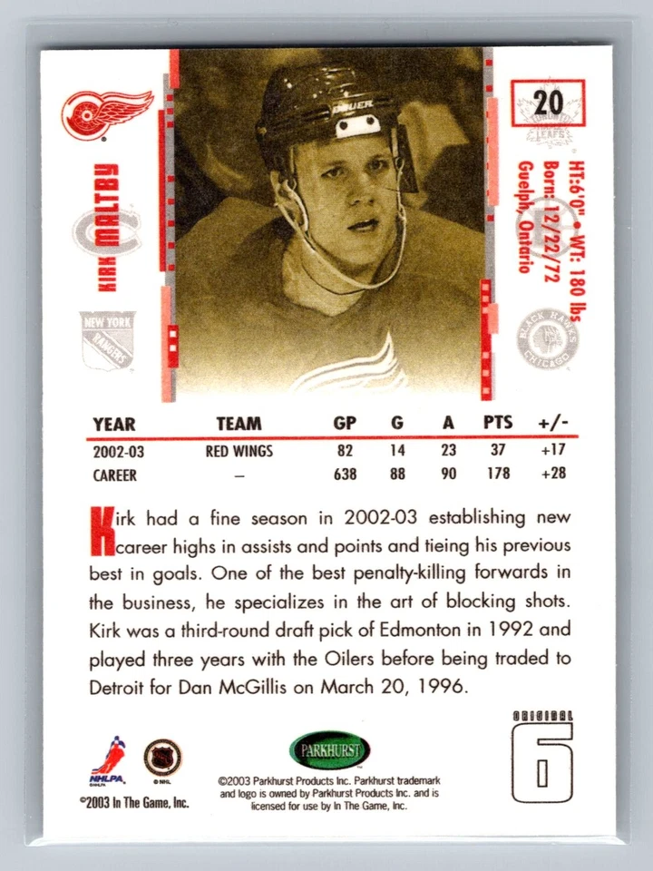2003-04 Parkhurst Original Six Detroit #20 Kirk Maltby NHL Detroit Red Wings - Image 2 of 2