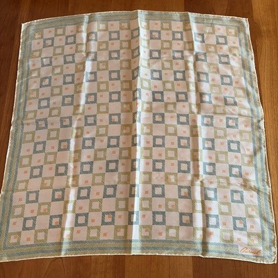 VTG Burmel 21  Square Silk Scarf Green Beige Hand rolled Made Japan Mod/GoGo 60s