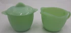 Fire King Jadeite Jane Ray Sugar Bowl & Creamer Green Oven Glass Vintage 1950s