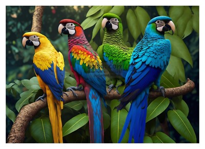 FOUR PARROTS COLORFUL BIRDS NATURE 5X7 FANTASY PHOTO