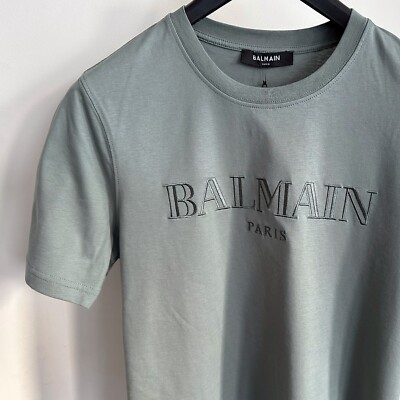 Balmain Green T-shirt With Logo Text Embroidery on Chest Size 2XL