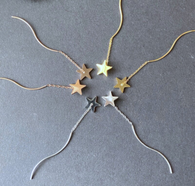 PAIR of Surgical Steel Star and Wave Bar Dangle Threader Earrings Chain 20g 