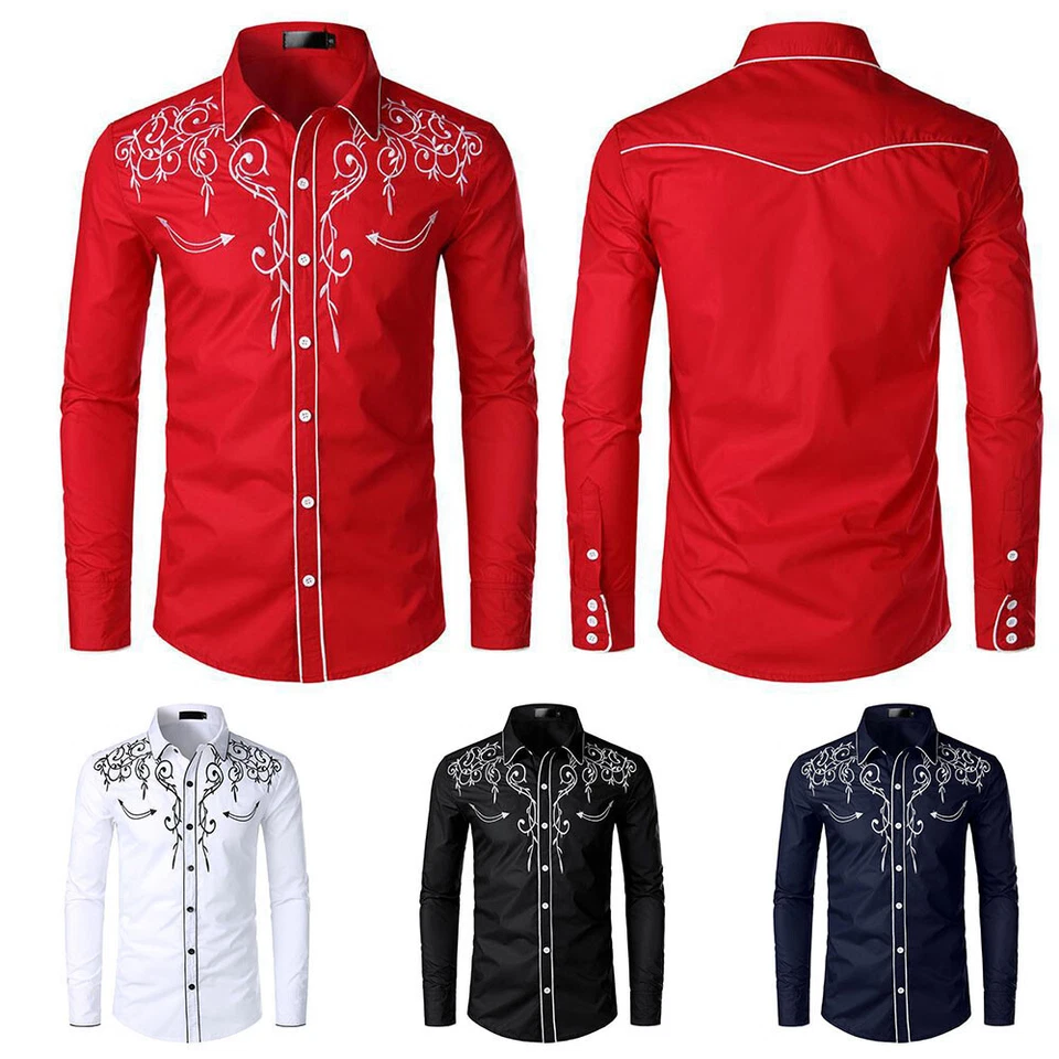 Mens Western Cowboy Shirt Long Sleeve Retro Embroidery Casual Buttons Down Shir∂ - Image 2 of 4