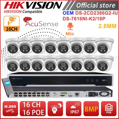 Hikvision 16CH POE NVR OEM 4K 8MP AcuSense IR MIC Turret CCTV Camera System Lot