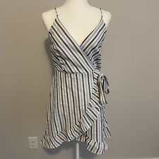 Altar'd State Blue Boho Striped Waist Tie Ruffle Wrap Mini Dress Size M