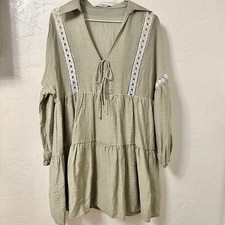 ZARA KHAKI SHORT JOHNNY COLLAR PANELLED COTTON BLEND LACE TRIMS DRESS SIZE XS