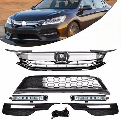 For 2016 2017 Honda Accord Sedan Front Bumper Grille Grill & LED Fog Lights Set - Image 1 of 4