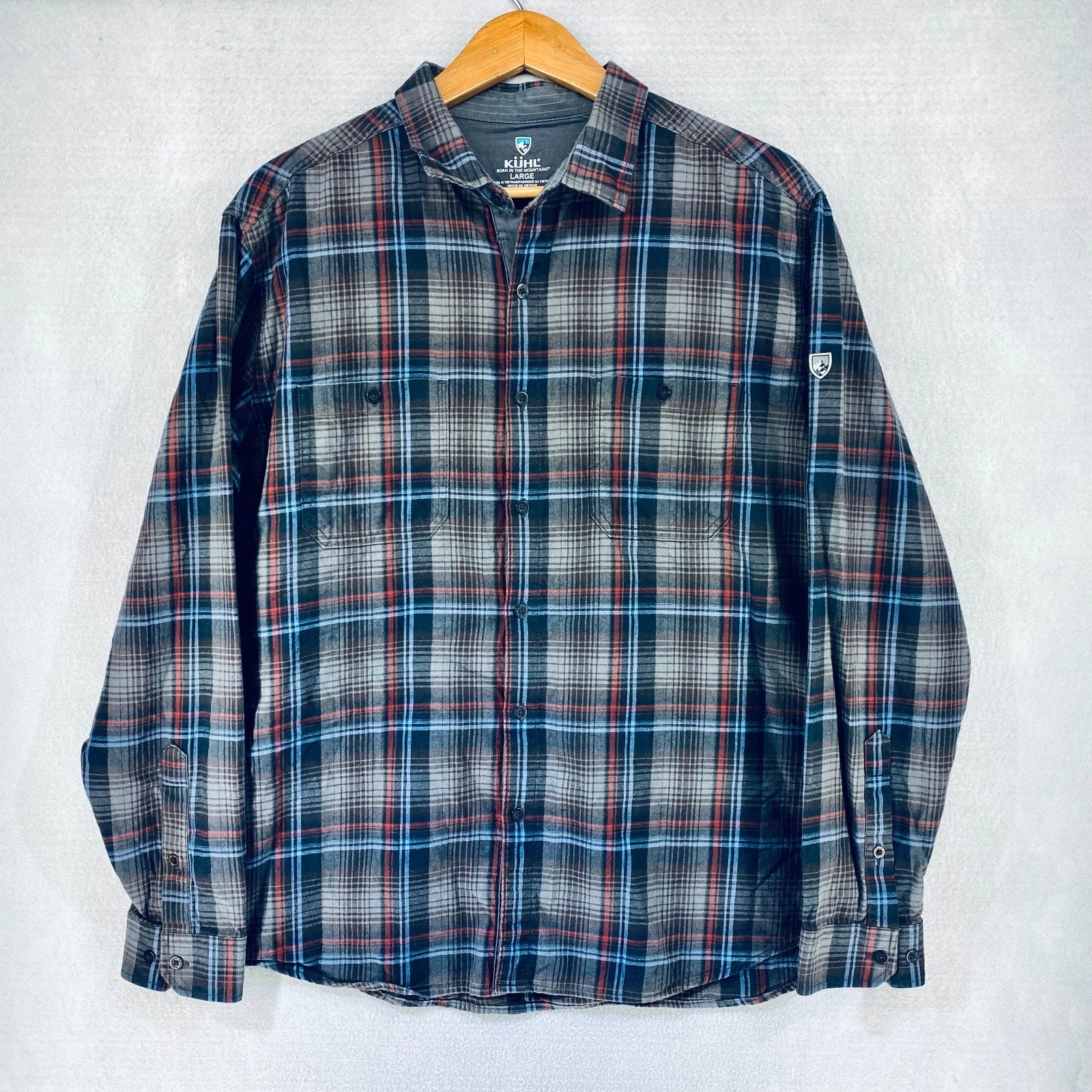 Kuhl Shirt Men L Cotton Plaid Flannel Button Up Outdoor Hiking Camp