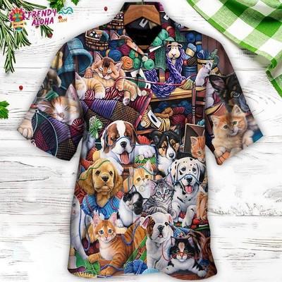 Dog And Cat Play Yarn Together Hawaiian Shirt   Trendy Aloha