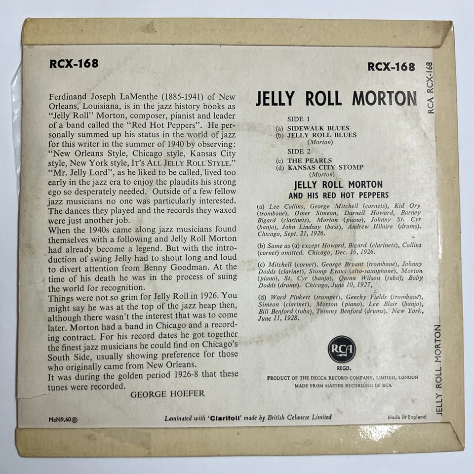 Jelly Roll Morton And His Red Hot Peppers - RCA 7" Vinyl EP 1961 UK Jazz — 第 2/4 张图片