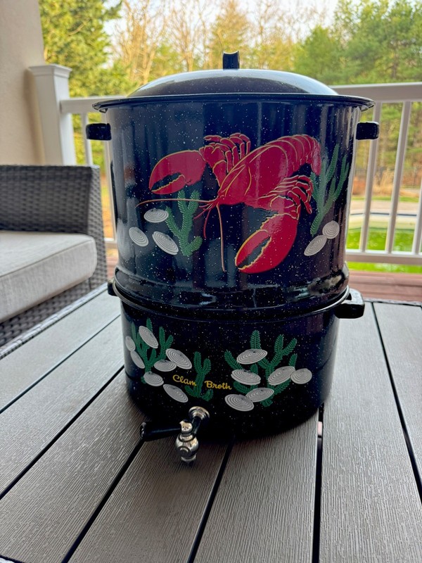 Vintage Double Steam Speckl Black Seafood Lobster Steamer Clam Broth Graniteware