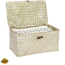 Seagrass Storage Basket Bins with Lid, Handwoven Wicker Shelf Baskets Bin Rec...