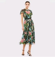 Mac Duggal Black Midi Dress with Pink Rose & Blue Floral Print