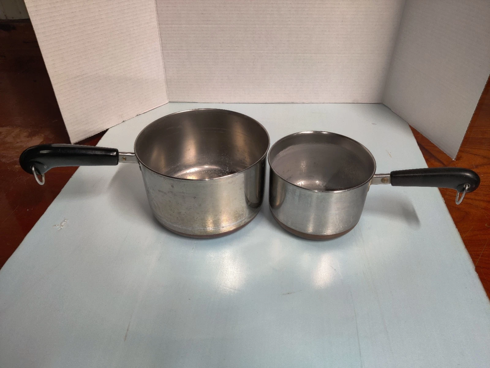 Two Vintage Revere Ware 1 qt+ Sauce Pan, Copper Bottom, Stainless Steel With Lid