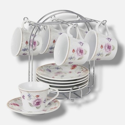 Lorren Home Trends White Floral Design 12-Piece Espresso Cup & Saucer Set | 2 oz