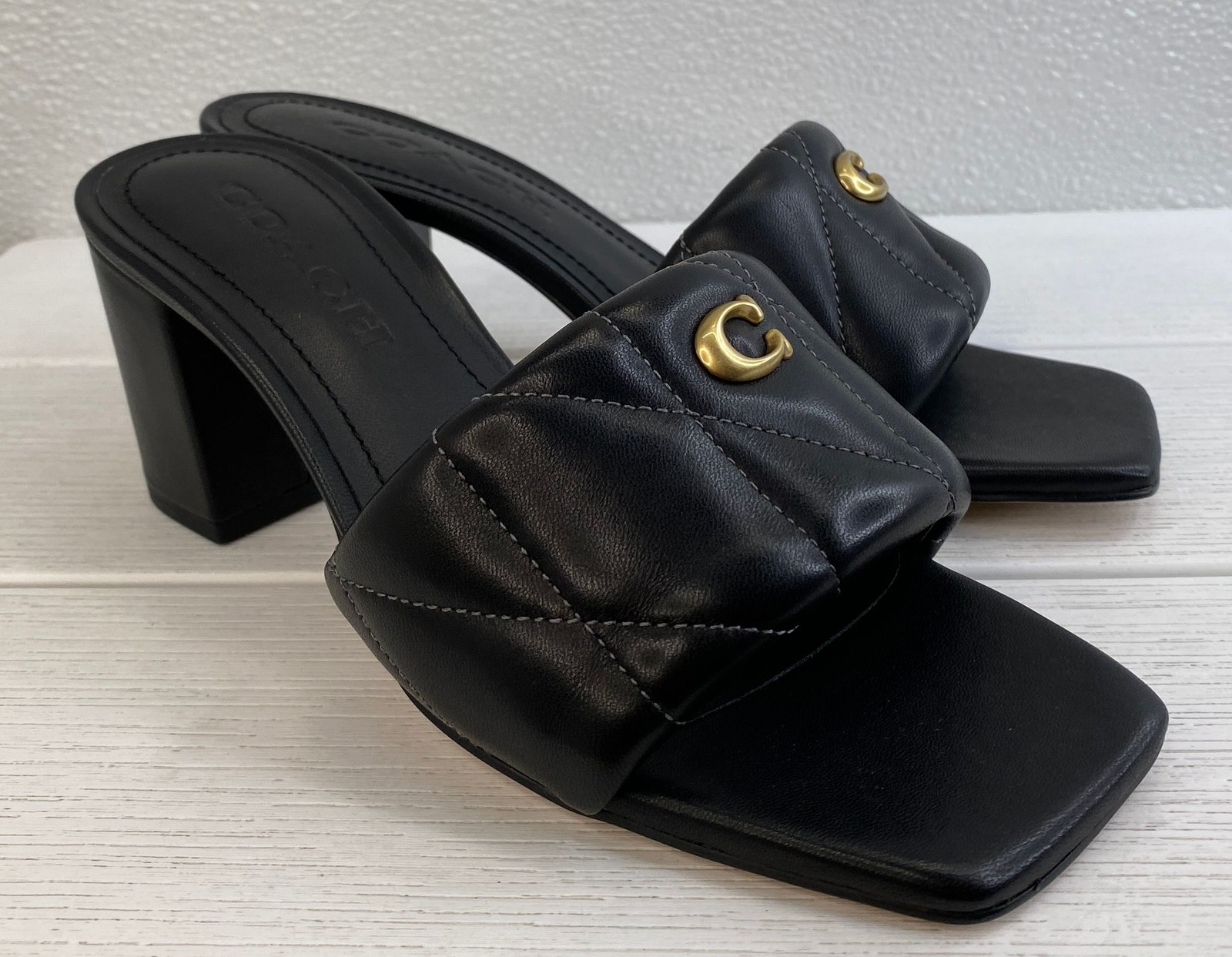 Coach Holly Block Heel Sandals Women's Size 5B Black Quilted Leather Open Toe