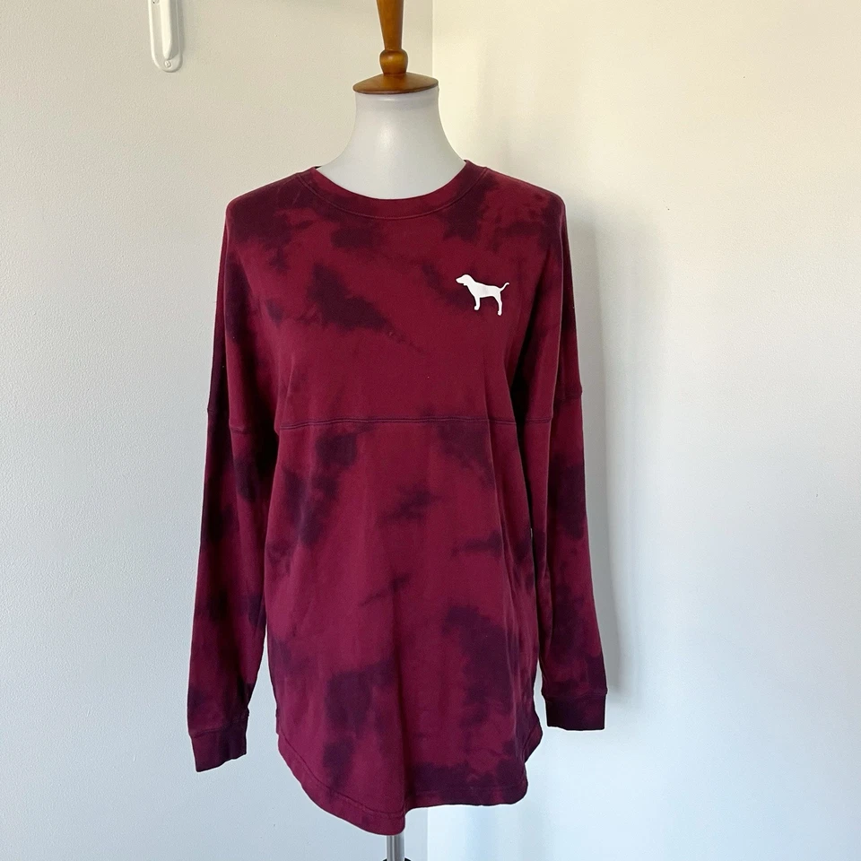 Victoria's Secret VS 粉色女式 XS 领带染料长袖 T 恤红色狗棉 — 第 2/4 张图片