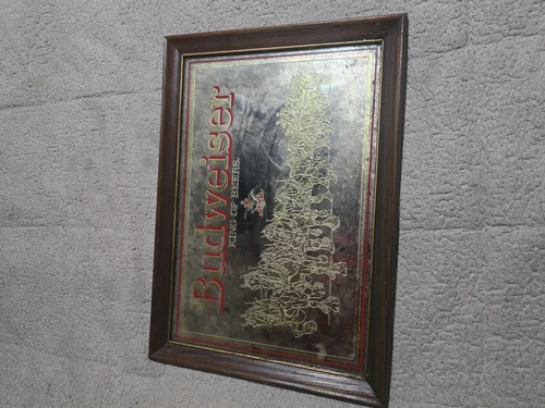 VTG 80s Budweiser Clydesdale Horses “King Of Beers” Gold Mirror Sign 34 X 19 In.