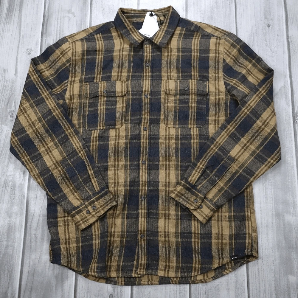 NEW Prana Men's Westbrook Button Down Flannel Hiking Shirt Size XL Brown/Yellow