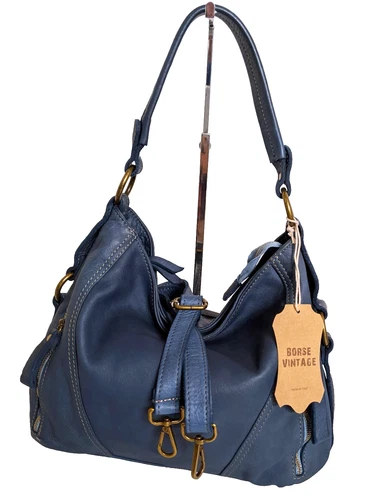 ITALIAN VINTAGE-WASHED CALF LEATHER LARGE SHOULDER HOBO BAG - MADE IN ITALY