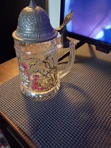 GLASS COVERED MIDEVIL STYLE STEIN FROM DISNEY MAIN ST 1980'S