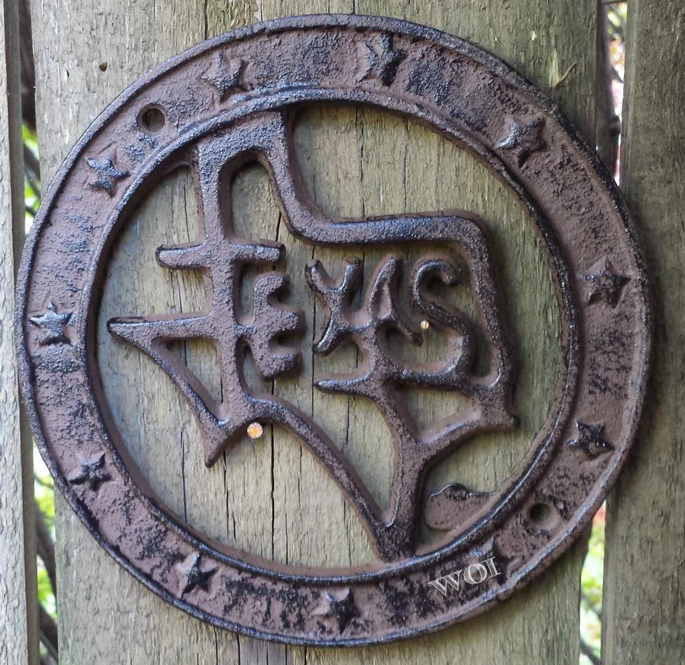 Cast Iron Rustic Texas State Emblem Hanging Plaque Sign Star Wheel Frame Rust - Image 3 of 3