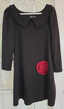 Tailgate Couture Womens Large Black Long Sleeve Dress Red Flower Ruffle Neck