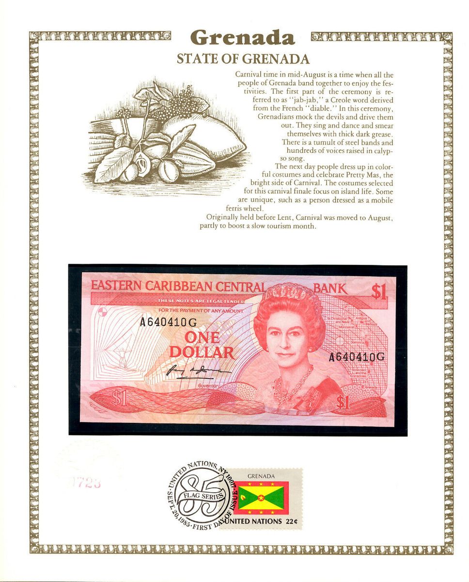 East Caribbean Banknote 1 Dollar 1985 P 17g UNC w/FDI UN FLAG