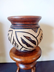 Vintage Tribal Brazil Pottery Clay Pot Brown Beige Black Rustic Planter Vase