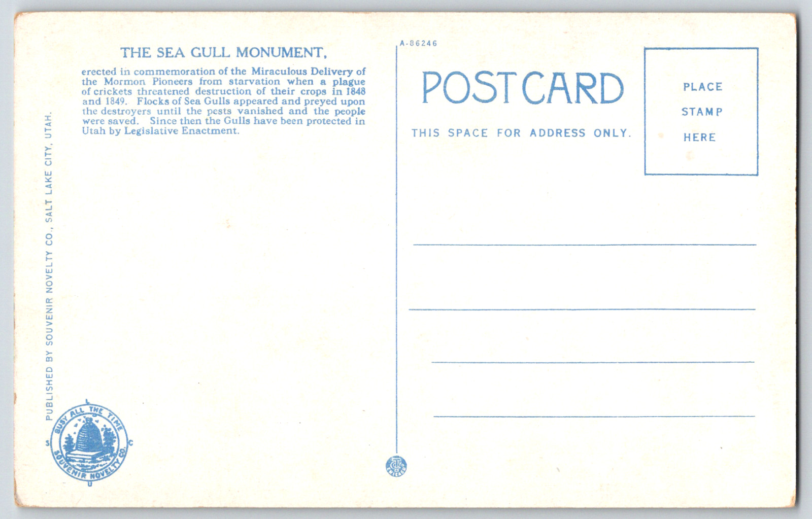 Postcard Sea Gull Monument Temple Block Salt Lake City UT 1920s Falak