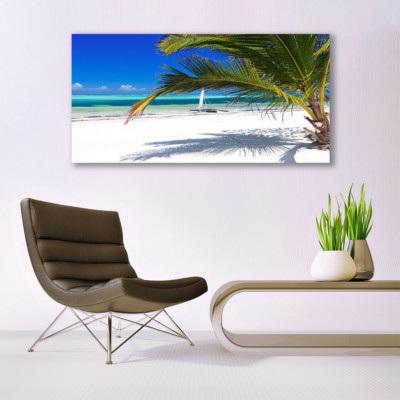 Tableau Impression Sur Verre 120x60 Cm - Paysage Palmiers Plage Mer, Style Moderne